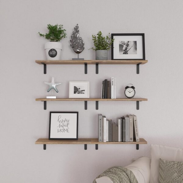 WOPITUES Wood Floating Shelves Set of 6, Shelves for Wall Decor, Farmhouse Shelf for Bedroom, Bathroom Storage Shelves, Book Shelves for Living Room - Rustic Brown - Image 6