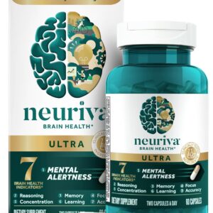 NEURIVA Ultra Decaffeinated Clinically Tested Nootropic Brain Supplement for Mental Alertness, Memory, Focus & Concentration, Cognivive, Neurofactor, Phosphatidylserine, Vitamins B6 B12, 60 Capsules