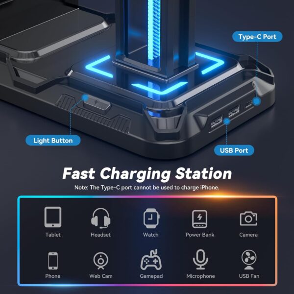 KDD Headset Stand with Charging Station - Detachable Controller Holder with 9 Light Modes - Rotatable Headphone Hanger with USB A&C Charger Ports - Earphone Hook for PC Gaming Accessories Storage - Image 3