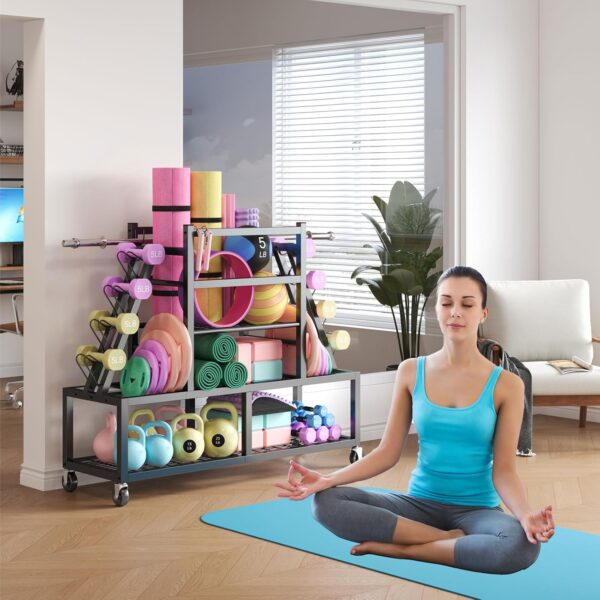 Dumbbell Rack Weight Rack Storage-Large Dumbbells Rack Home Gym Storage,Multilevel Workout Storage Organizer with Wheels and Barbell Holder,Perfect for Yoga Mat Balls Kettlebells and Fitness Gear,black - Image 6
