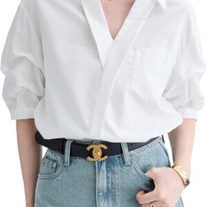 Womens White V Neck Blouse Shirt Short Ruched Sleeves Niche Casual Tops with One Front Chest Pocket