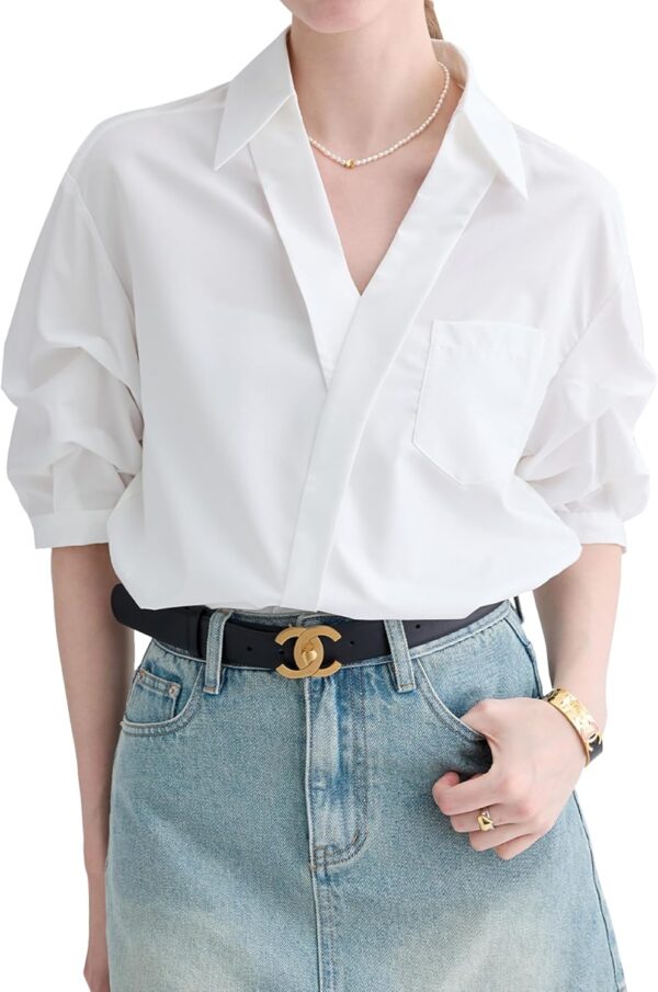 Womens White V Neck Blouse Shirt Short Ruched Sleeves Niche Casual Tops with One Front Chest Pocket