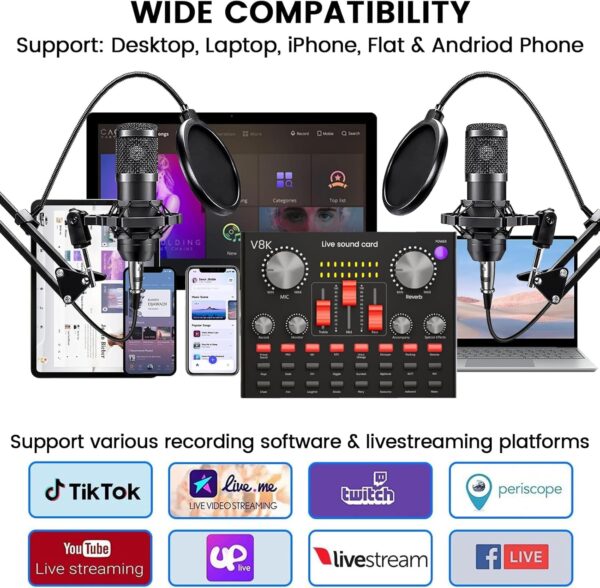 Podcast Equipment Bundle for 2, Audio Interface with Cardioid Designer BM800 Mic for Gamer and All-in-One DJ Mixer, Perfect for Live Streaming, Singing, YouTube - Image 5