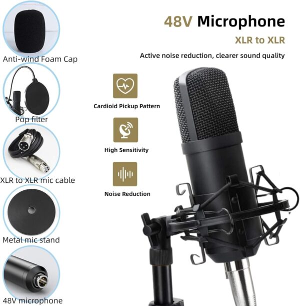 Podcast Equipment Bundle, 48V XLR Podcast Microphone Bundle, Voice Changer with Adjustable Mic Stand, Studio Condenser Microphone for Smartphone, PC, DJ, Video Recording, Streaming, Gaming and Singing - Image 3