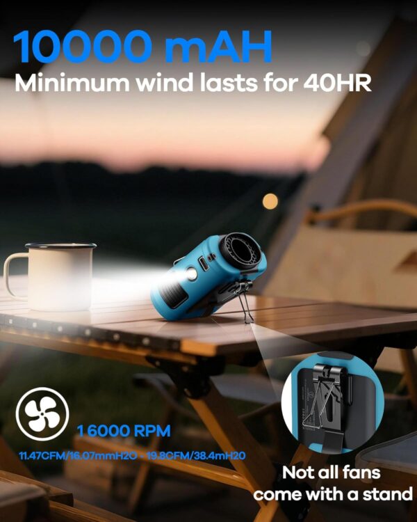 2025 Upgrade Portable Waist Fan Clip on 10000mAh Body Wearable Belt Clip Fan Undershirt Personal Cooling Neck Fans with 5 Speeds Flashlight&Power Bank 40H Cooling For Outdoor Camping Travel (Blue) - Image 2
