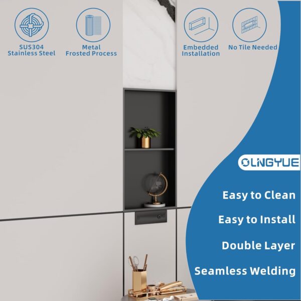 Shower Niche Stainless Steel: No Tile Needed Double Layer - 12x24 Inchs Recessed Wall Niches Shelf for Bathroom Storage - Matte Black - Image 4