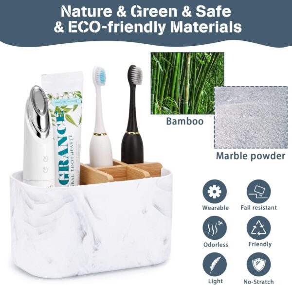 Toothbrush Holders for Bathrooms, 5 Slots Bamboo Toothbrush Holder Kids Electric Toothbrush Holder and Toothpaste Holder for Bathroom Countertop Accessories Storage, Marble Toothbrush Organizer - Image 3