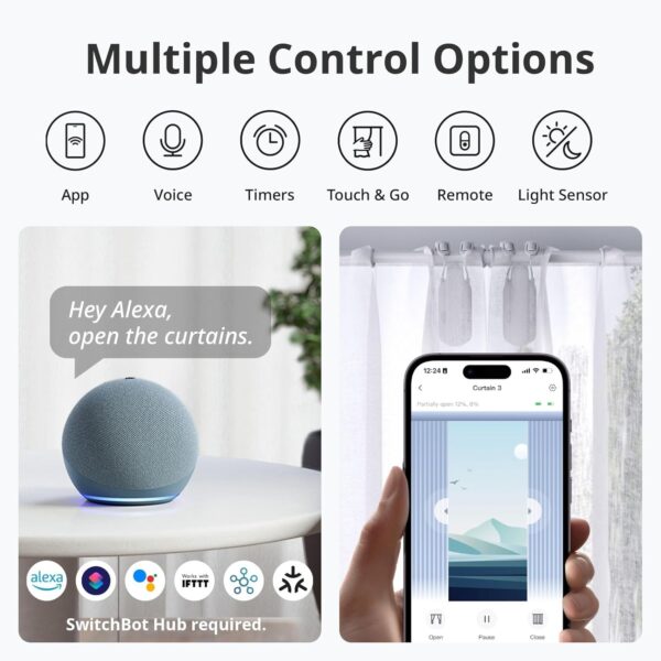 SwitchBot Automatic Curtain Opener - Bluetooth Remote Control Smart Curtain with App/Timer, Upgraded High-Performance Motor, Add SwitchBot Hub to Work with Alexa, Google Home, HomeKit (Curtain 3, Rod) - Image 8
