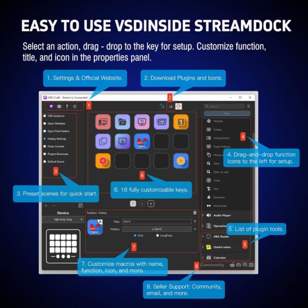 VSDINSIDE Macro Keypad, Stream Controller Deck Gaming Streaming Shortcut Keyboard, 18 Programmable Keys Customizable Visual AI Pad USB Soundboard for OBS, YouTube, Desk Office Setup, Laptop, PC, Mac - Image 8
