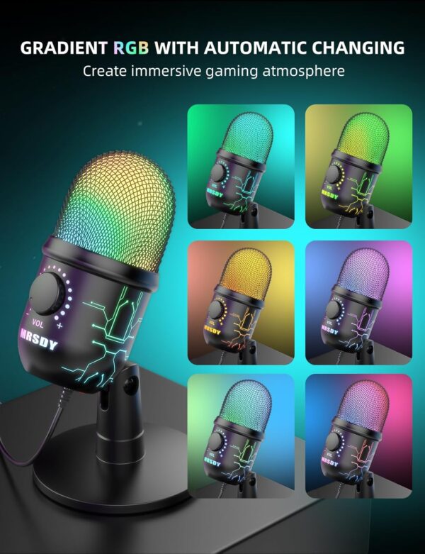 Gaming Microphone, USB Computer Microphone for PC, Mac, PS4/5, Condenser Podcast Mic for Studio Recording, YouTube, Streaming, with Headphone Jack, Led Light, Mute, Gain, Noise Cancellation - Image 3