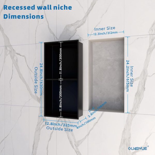 Shower Niche Stainless Steel: No Tile Needed Double Layer - 12x24 Inchs Recessed Wall Niches Shelf for Bathroom Storage - Matte Black - Image 3