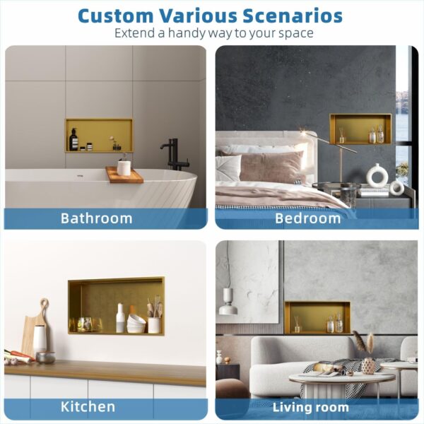 Brushed Gold Shower Niche: No Tile Needed Stainless Steel - 24"x12" Recessed Wall Niches Shelf for Bathroom Kitchen Toilet Storage - Image 7
