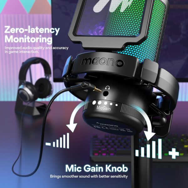 MAONO USB Gaming Microphone for PC, Noise Cancellation Condenser Mic with RGB Lights, Mute, Gain for Streaming, Recording, Podcast, Chat, Twitch, YouTube, Discord, Computer, PS5, PS4, GamerWave - Image 5
