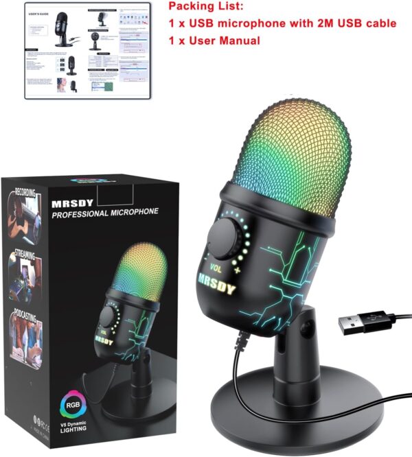 Gaming Microphone, USB Computer Microphone for PC, Mac, PS4/5, Condenser Podcast Mic for Studio Recording, YouTube, Streaming, with Headphone Jack, Led Light, Mute, Gain, Noise Cancellation - Image 9