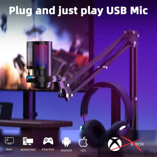 Gaming USB Microphone for PC，Podcast Microphone Kit for Streaming, Condenser Mic with Quick Mute, Boom Arm, Pop Filterm, RGB Indicator, Shock Mount, Rotate gain Button, Compatible with PS4/5/PC - Image 7
