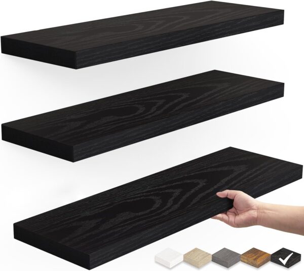 BAYKA Floating Shelves for Wall, Wall Mounted Rustic Wood Shelves for Bathroom, Bedroom, Living Room, Kitchen, Hanging Shelf for Books/Storage/Room Decor with 22lbs Capacity (Black, Set of 3, 15.7in)