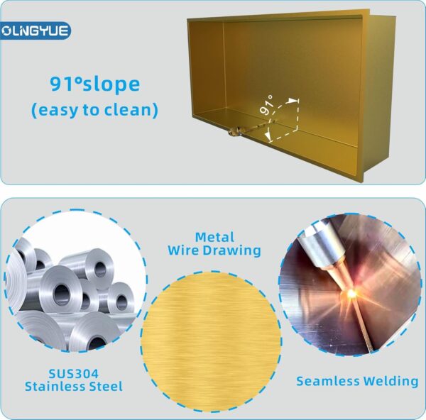 Brushed Gold Shower Niche: No Tile Needed Stainless Steel - 24"x12" Recessed Wall Niches Shelf for Bathroom Kitchen Toilet Storage - Image 6