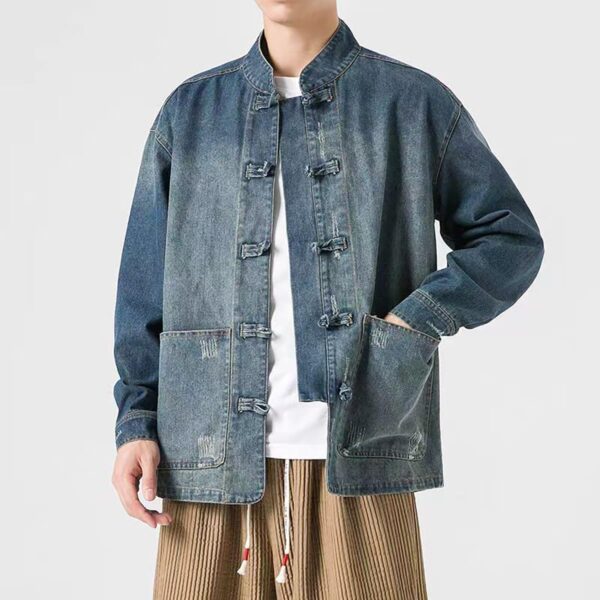 NCDUANSAN New Chinese style button up men's denim jacket, niche long sleeved jacket, casual and fashionable design hip-hop - Image 5