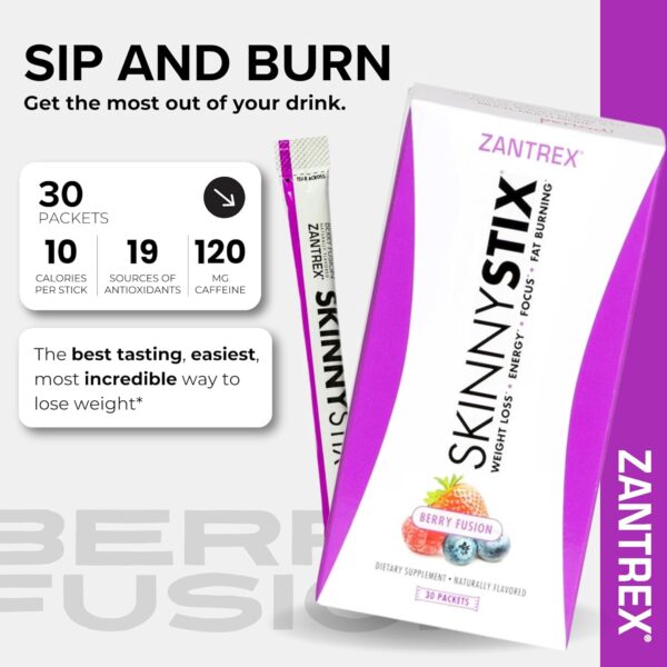Zantrex SkinnyStix Energy Powder – Lose Weight, GLP-1, Appetite Suppressant, Boost Mood – 10 Calories – Yerba Mate, Coffee Bean – 30 Stix, Berry - Image 2