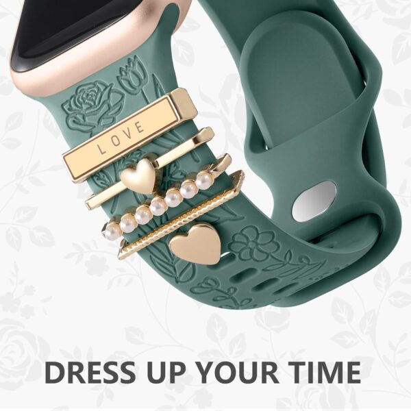 DaQin Flower Engraved Band Compatible with Apple Watch Bands for Women 40mm 38mm 41mm 42mm, Soft Silicone Band With Decorative Apple Watch Charms for iWatch Series 10 9 8 7 6 5 4 3 2 1 SE - Image 3