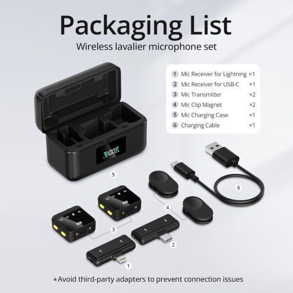 WNH Wireless Lavalier Microphone for iPhone/Android (2TX+2RX), 48khz 2 Pickups, 70Hrs Battery, Noise Cancellation, Magnetic Clip iPhone Microphone for Video Recording Vlogging Streaming - Image 9