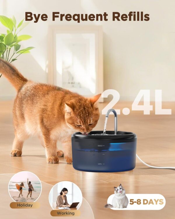 Cat Water Fountain for Cats Indoor: 80oz/2.4L Cat Fountains for Drinking - Quiet Pet Watering Bowls for Cats Inside - Black Kitten Waterer Supplies - for Small and Medium Animals - Image 2
