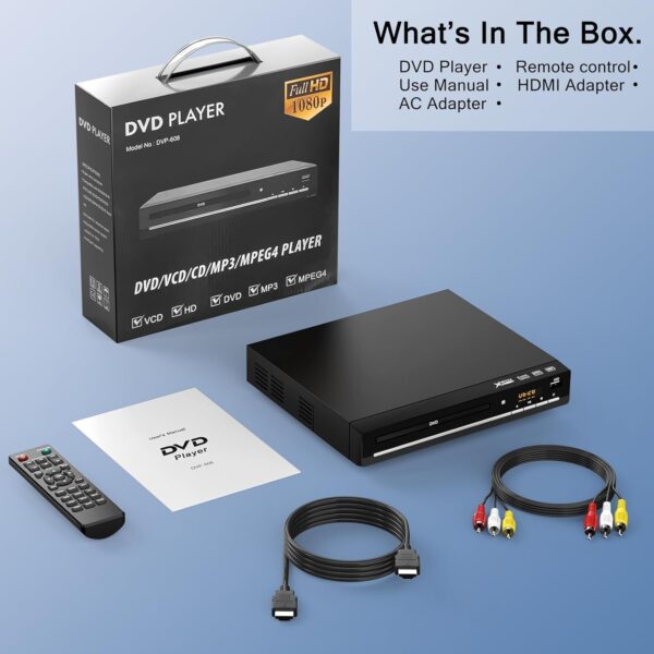 DVD Players for TV with HDMI,Plays All Regions and Formats,CD Player for Home,Support 1080P Video/CD/DVD/VCD/JPEG/USB, Remote, HDMI and RCA Cables Included - Image 6
