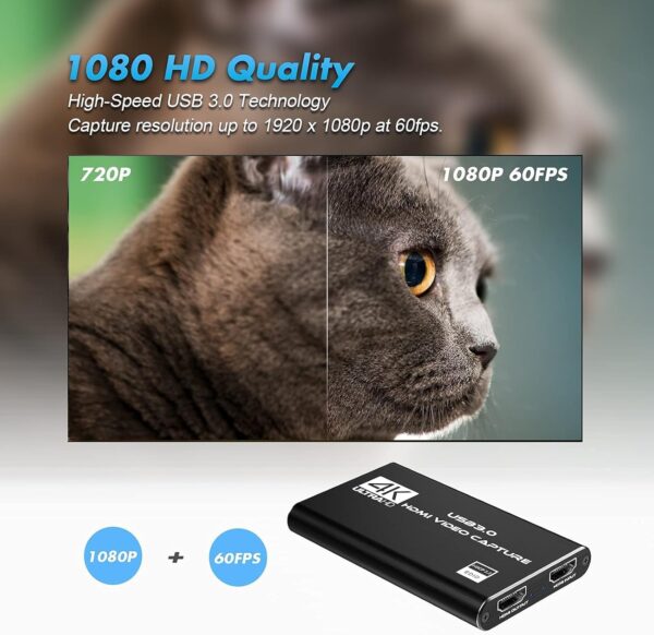 4K HDMI Capture Card for Streaming, Full HD 1080P 60FPS USB 3.0 Cam Link Game Audio Video Capture Card, Work with Camera/Nintendo Switch/Xbox/PS4/PS5/PC/OBS (Black) - Image 4