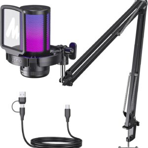 MAONO Gaming USB Microphone, Noise Cancellation Condenser mic with Mute, Gain, Monitoring, Boom Arm for Streaming, Podcast, Twitch, YouTube, Discord, PC, Computer, PS4, PS5, Mac, GamerWave DGM20S