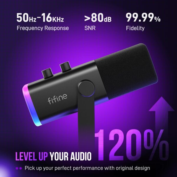 FIFINE USB/XLR Dynamic Microphone for Podcast Recording, PC Computer Gaming Streaming Mic with RGB Light, Mute Button, Headphones Jack, Desktop Stand, Vocal Mic for Singing YouTube-AmpliGame AM8 - Image 3