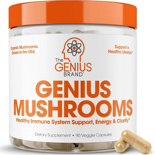 Genius Mushroom Supplement - Full-Spectrum Lion’s Mane, Cordyceps, Reishi -Daily Brain Nootropic for Energy, Focus, Memory & Overall Wellness - 90 Capsules – Organic for Mental Clarity & Performance