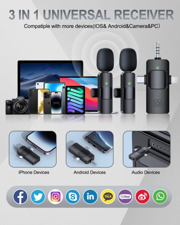 3 in 1 Professional Wireless Lavalier Microphone for iPhone, Android, Camera, Wireless Microphones, Mini Microphone, Crystal Clear Sound Quality for Recording, Live Streaming, YouTube, TikTok - Image 8