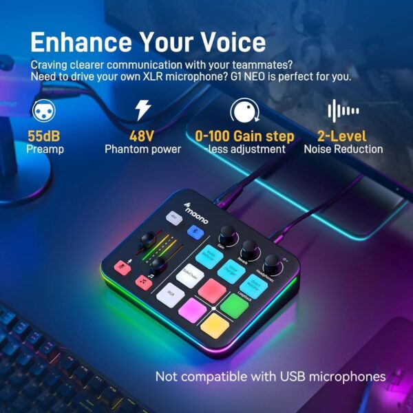 MAONO Gaming Audio Mixer, Audio Interface with Pro-preamp, RGB, Bluetooth, 48V Phantom Power for Live Streaming, Podcasting, Content Create, Gaming MaonoCaster G1 NEO (Not for USB Mic) - Image 2