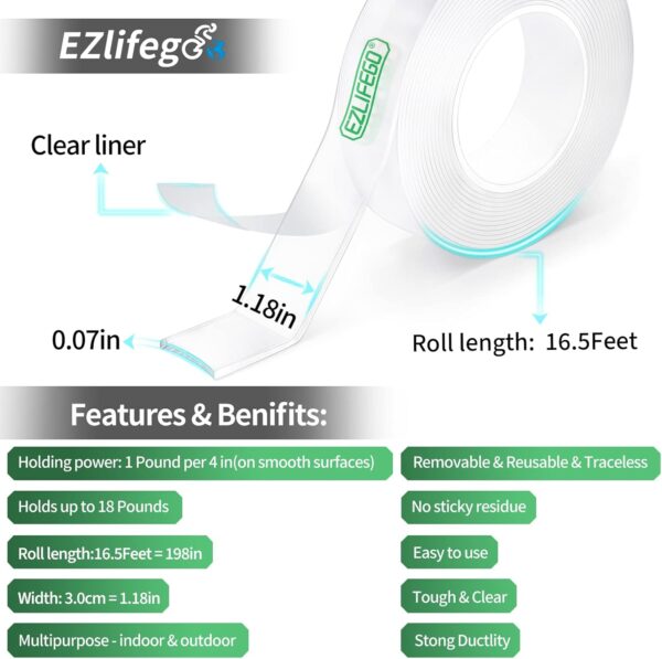 Double Sided Tape Heavy Duty(Extra Large 16.5FT), Nano Adhesive Mounting Tape Wall Decor,Sticky Picture Hanging Adhesive Strips Poster Tape - Image 2