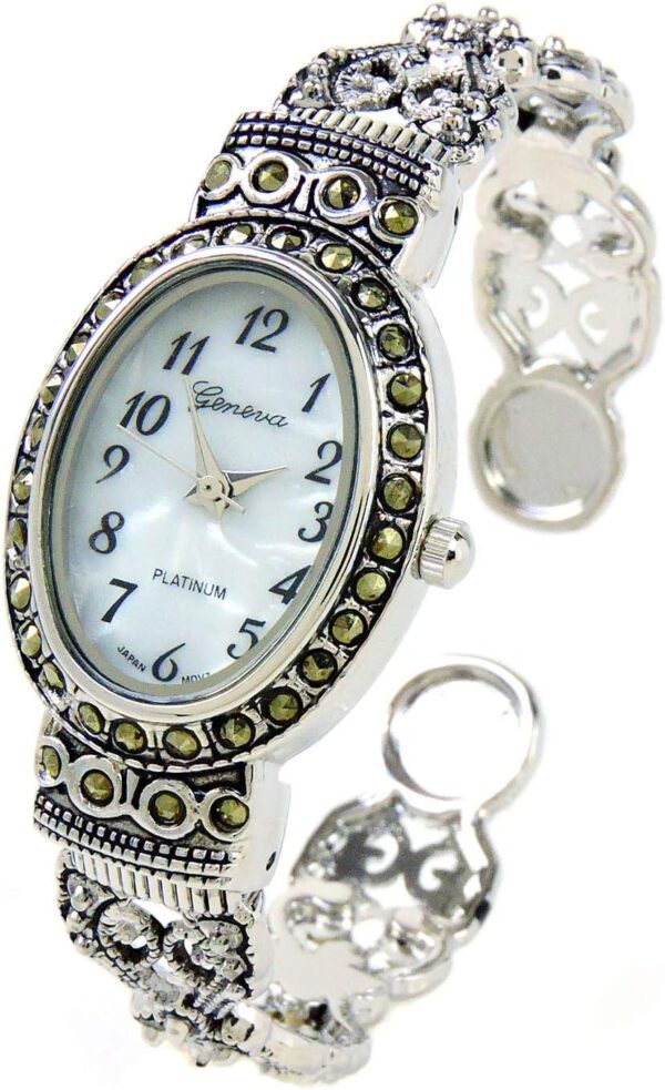 Silver Black Vintage Style Marcasite Crystal Oval Face Women's Bangle Cuff Watch