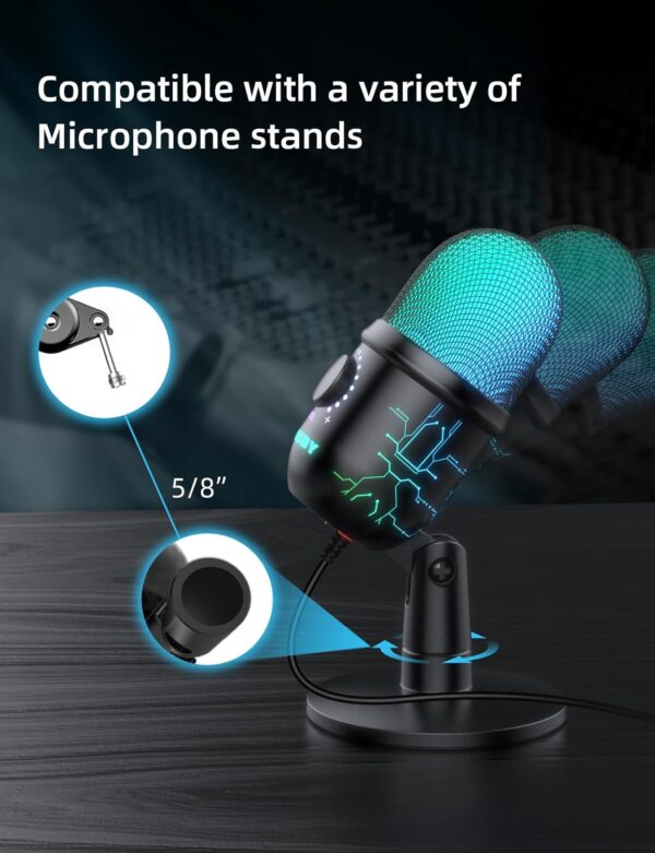 Gaming Microphone, USB Computer Microphone for PC, Mac, PS4/5, Condenser Podcast Mic for Studio Recording, YouTube, Streaming, with Headphone Jack, Led Light, Mute, Gain, Noise Cancellation - Image 5
