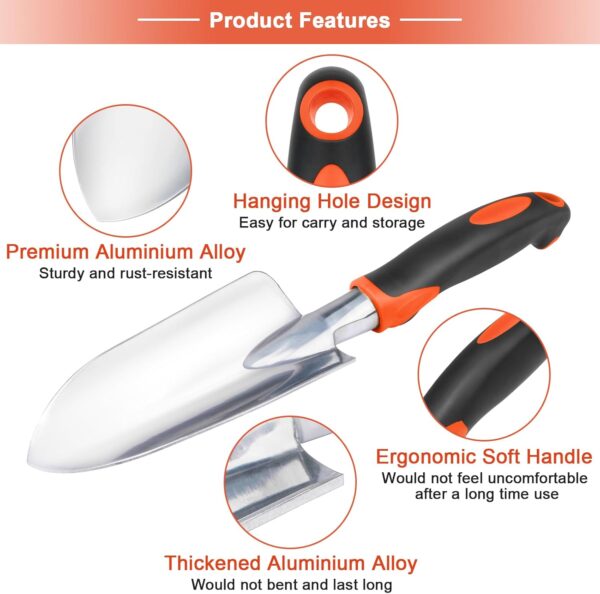 Garden Tools Set, 3 Pack Heavy Duty Gardening Tools Set Include Garden Shovel, Transplant Trowel and Hand Rake with Ergonomic Handle, Aluminum Alloy Lawn for Planting, Orange - Image 3