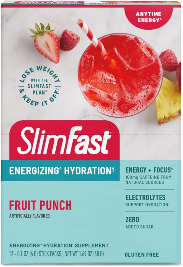 SlimFast Hydration Packets, Intermittent Fasting Electrolytes, Energy Powder Drink Mix, Caffeine from Natural Sources- Fruit Punch (12 Count) - Image 9