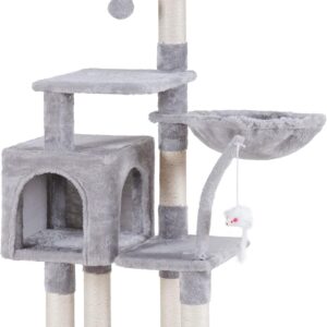 Heybly Cat Tree with Toy, Cat Tower condo for Indoor Cats, Cat House with Padded Plush Perch, Cozy Hammock and Sisal Scratching Posts, Light Gray HCT004SW