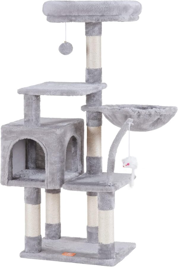 Heybly Cat Tree with Toy, Cat Tower condo for Indoor Cats, Cat House with Padded Plush Perch, Cozy Hammock and Sisal Scratching Posts, Light Gray HCT004SW