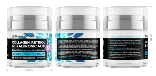 SimplyVital Collagen, Retinol & Hyaluronic Acid Cream - Anti-Aging Face Moisturizer for Face, Firming Skin Care Neck & Décolleté - Made in USA, Daily Moisturizer Face Cream Day & Night - 1.7 fl.oz. - Image 9