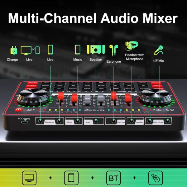 Podcast Microphone Bundle with Live Sound Board Audio Mixer, Podcast Equipment Bundle with 3.5mm Condenser Microphone for Pc/Phone Live Streaming Singing Gaming, Soundboard with Voice Changer, Denoise - Image 7