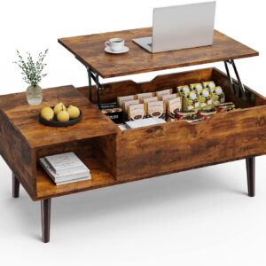 Sweetcrispy Coffee Table, Lift Top Coffee Tables for Living Room, Small Rising Wooden Dining Center Tables with Storage Shelf and Hidden Compartment, Brown