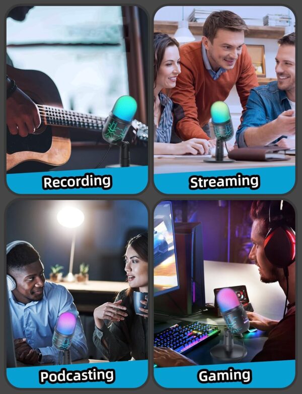 Gaming Microphone, USB Computer Microphone for PC, Mac, PS4/5, Condenser Podcast Mic for Studio Recording, YouTube, Streaming, with Headphone Jack, Led Light, Mute, Gain, Noise Cancellation - Image 8