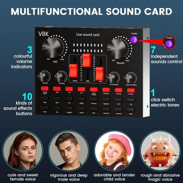 Podcast Equipment Bundle for 2, Audio Interface with Cardioid Designer BM800 Mic for Gamer and All-in-One DJ Mixer, Perfect for Live Streaming, Singing, YouTube - Image 4