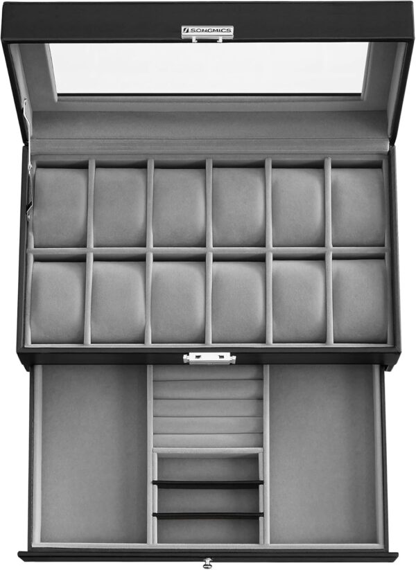 SONGMICS 12-Slot Watch Box, Lockable Watch Case with Glass Lid, 2 Layers, with 1 Drawer for Rings, Bracelets, Gift Idea, Black Synthetic Leather, Gray Lining UJWB012 - Image 8