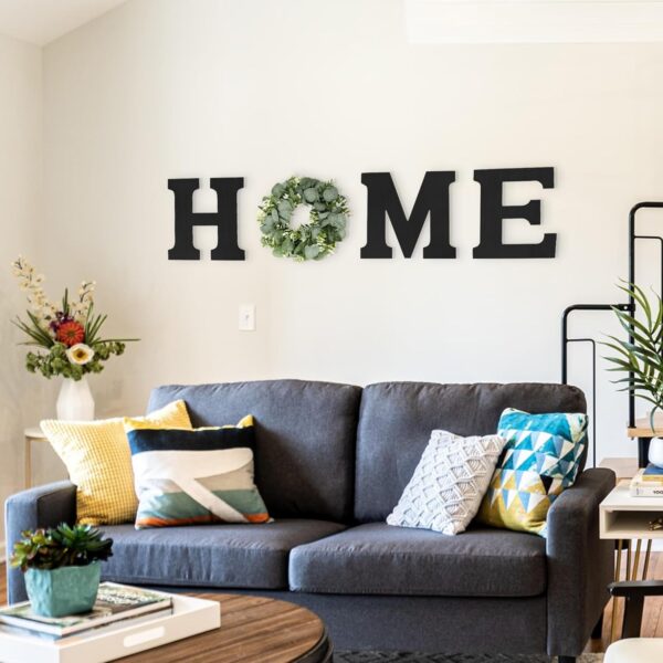 Wood Home Sign with Artificial Eucalyptus Wreath for O, Hanging Farmhouse Wall House Decor Wood Letters for Wall Art Rustic Home Decor, Wall Decor for Living Room Kitchen Entryway (Black) - Image 7