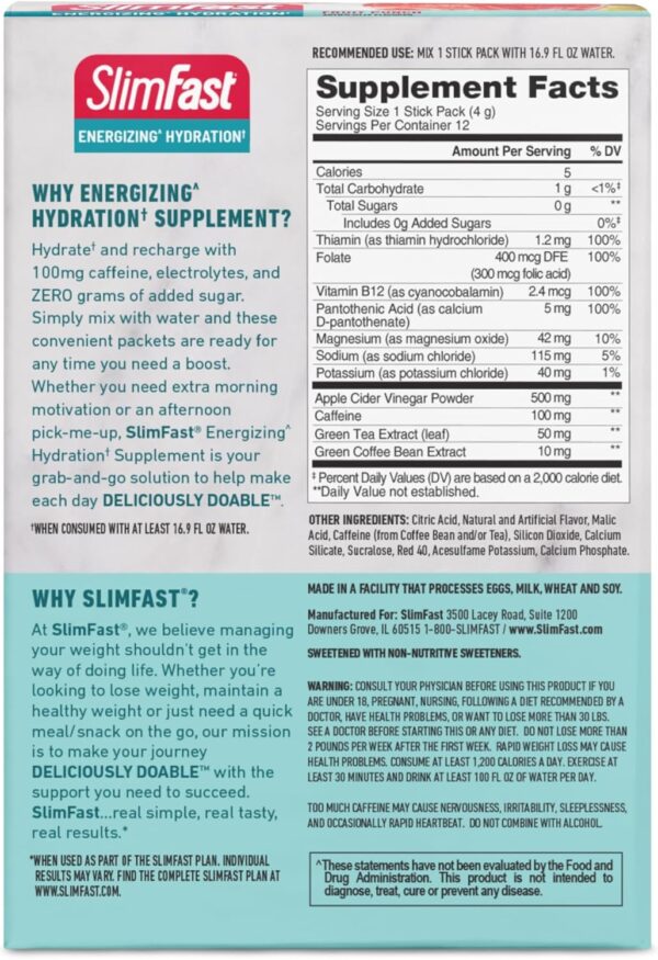 SlimFast Hydration Packets, Intermittent Fasting Electrolytes, Energy Powder Drink Mix, Caffeine from Natural Sources- Fruit Punch (12 Count) - Image 10