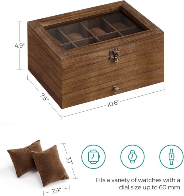SONGMICS 8-Slot Watch Box, 2-Tier Watch Display Case with Large Glass Lid, Removable Watch Pillows, Velvet Lining, Jewelry Box, Gift Idea, Rustic Walnut UJOW008K01 - Image 6