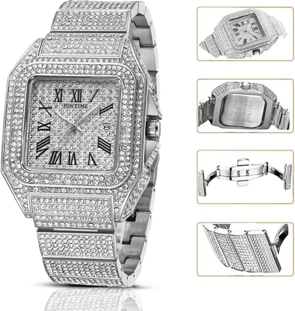Gosasa Fashion Hip Hop Men's Crystal Watch Bling Bling Watch Rectangle Case Stainless Steel Quartz Analog Bracelet Wristwatch - Image 4